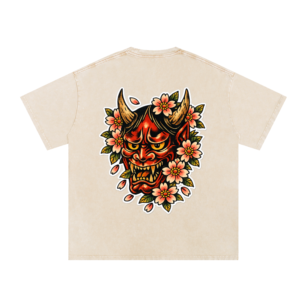 Hannya Mask - Snow Washed Oversized Cotton T-Shirt