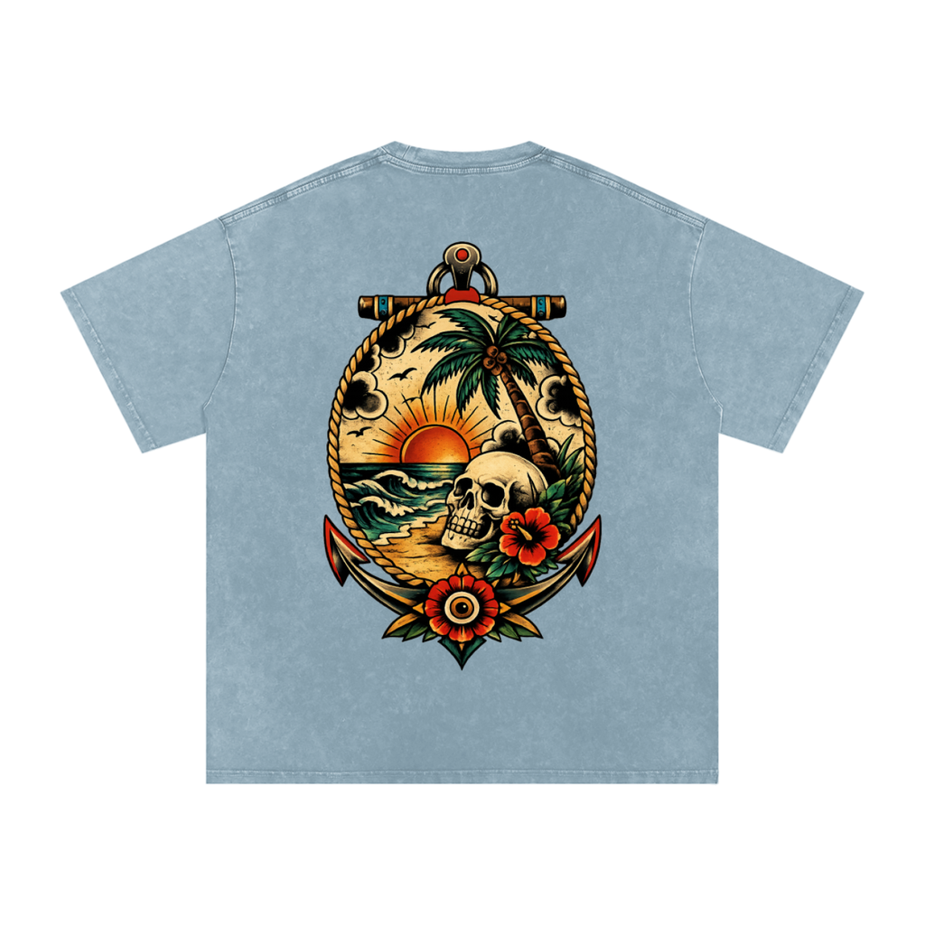 Skull on Beach - Snow Washed Oversized Cotton T-Shirt