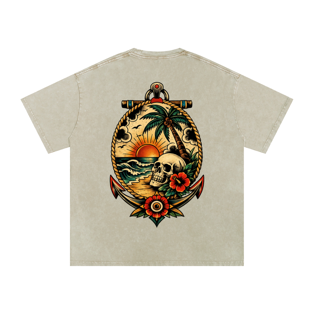 Skull on Beach - Snow Washed Oversized Cotton T-Shirt