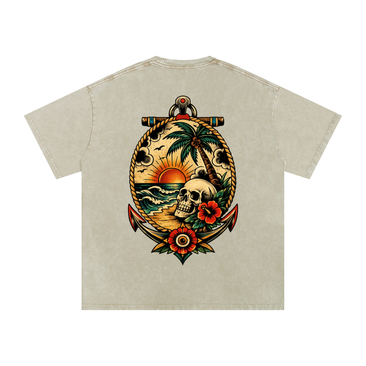 Skull on Beach - Snow Washed Oversized Cotton T-Shirt