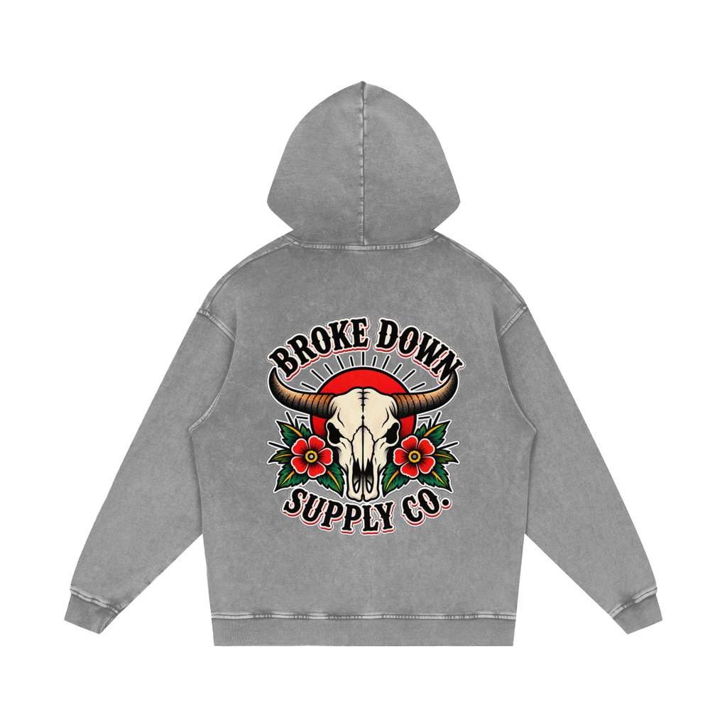 Bull Skull - Snow Washed Loose Cotton Hoodie