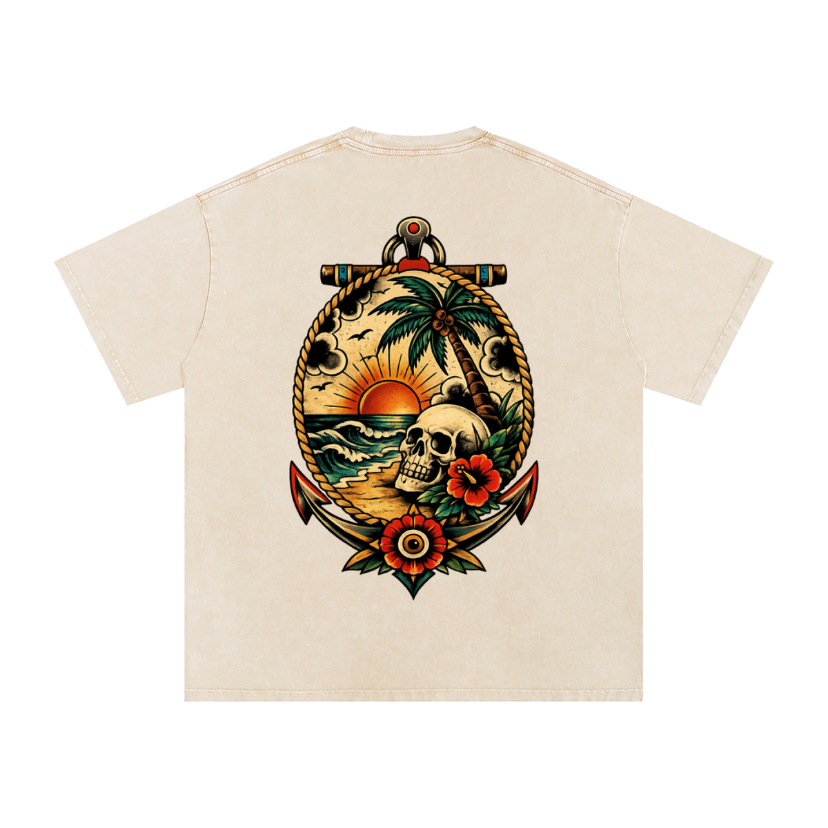 Skull on Beach - Snow Washed Oversized Cotton T-Shirt