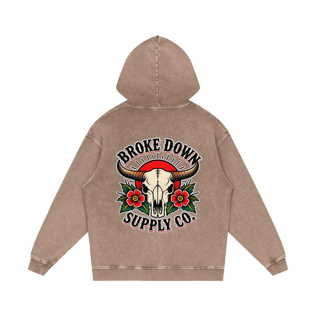 Bull Skull - Snow Washed Loose Cotton Hoodie