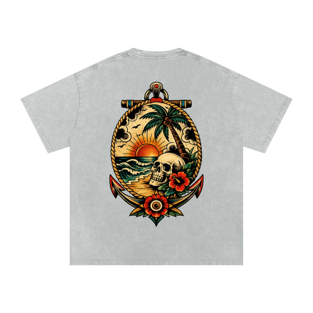 Skull on Beach - Snow Washed Oversized Cotton T-Shirt